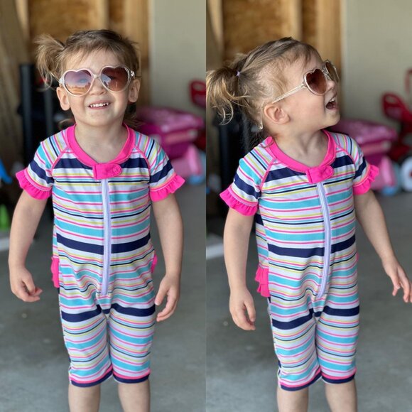 Tucker + Tate | Pink Multi Stripe Ruffle Rashguard One Piece Swimsuit | Size 18M - Picture 1 of 5